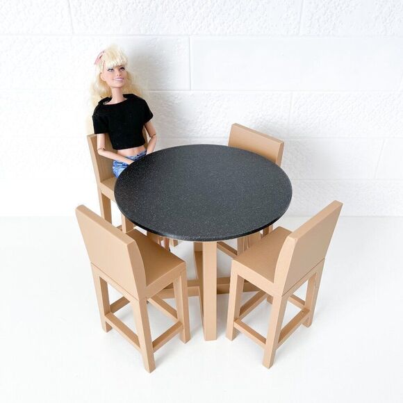 Miniature Barbie Tan Bistro Table 4 Chairs 3D Printed Dollhouse Furniture - Picture 1 of 7